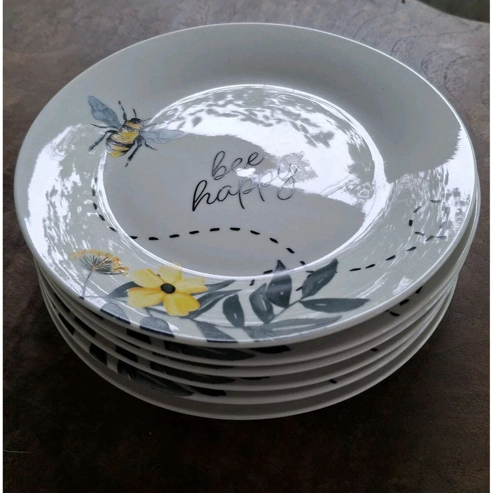 6 Royal Norfolk Bee Happy Luncheon Salad Dessert Plates 7.5" Yellow Floral Bees - Picture 3 of 4